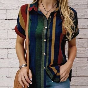 Emery Rose‎ Cotton Striped Multicolor Button-Up Women's Top Size Small